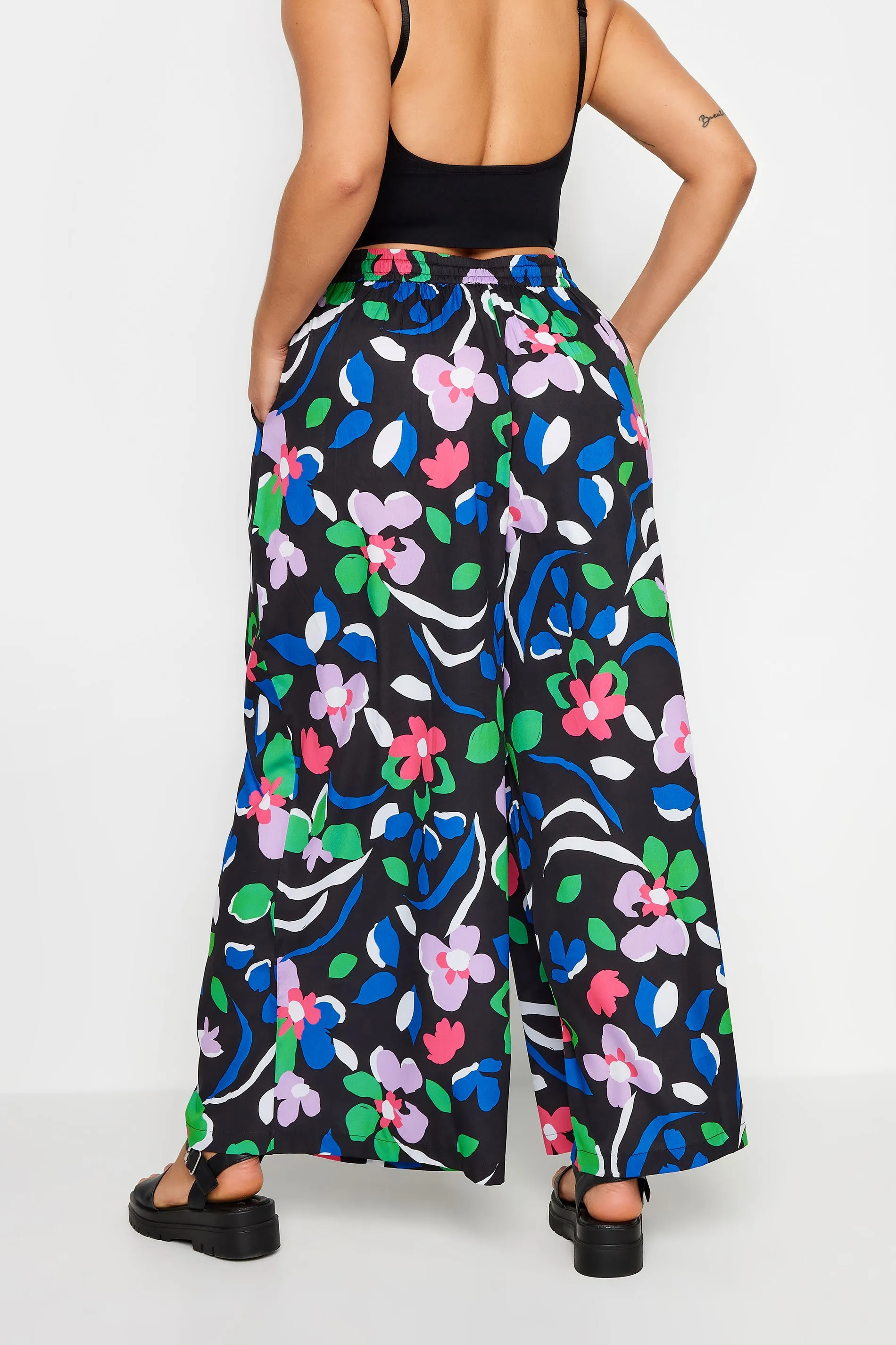 YOURS Curve Black Floral Print Wide Leg Trousers with Drawstring