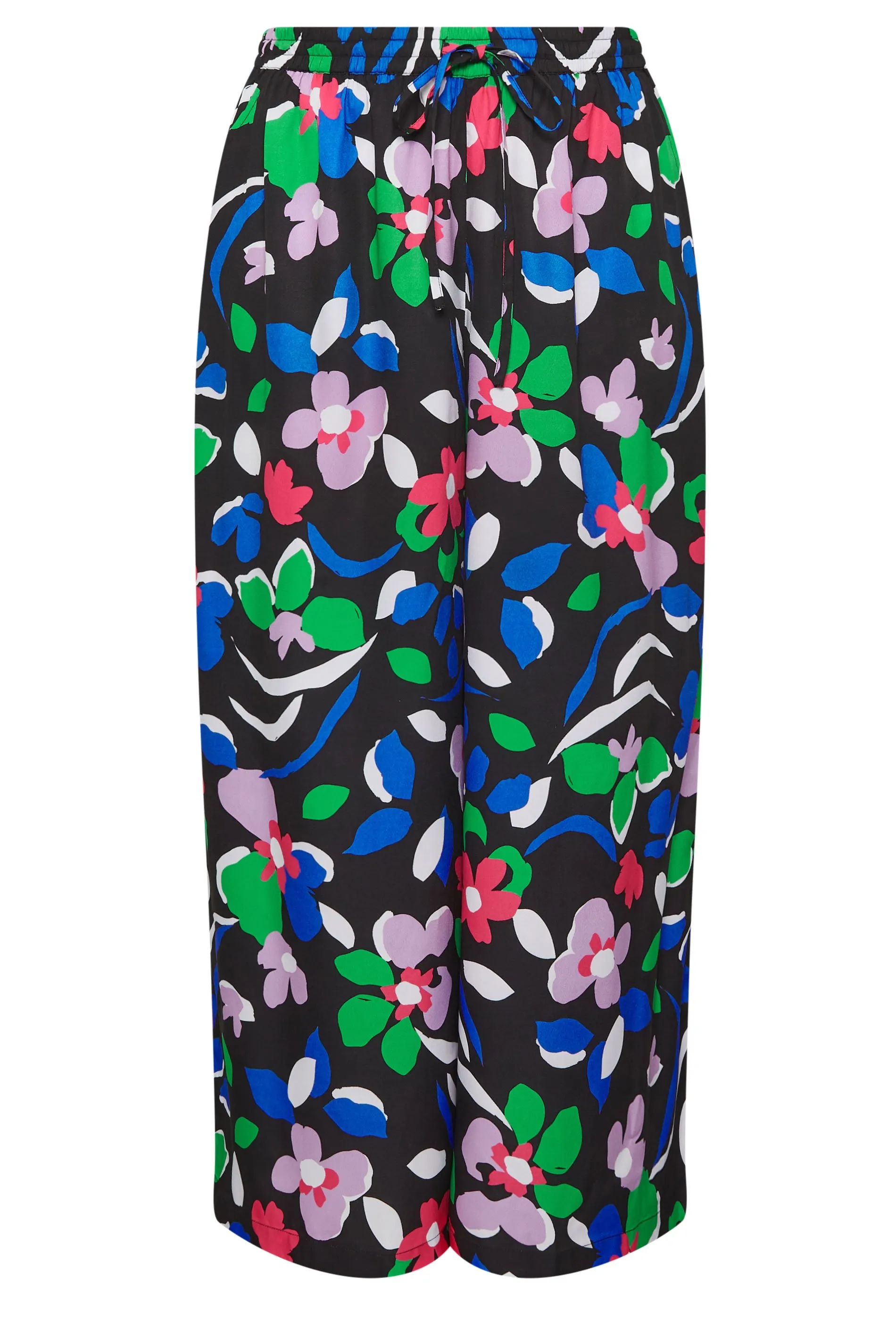 YOURS Curve Black Floral Print Wide Leg Trousers with Drawstring