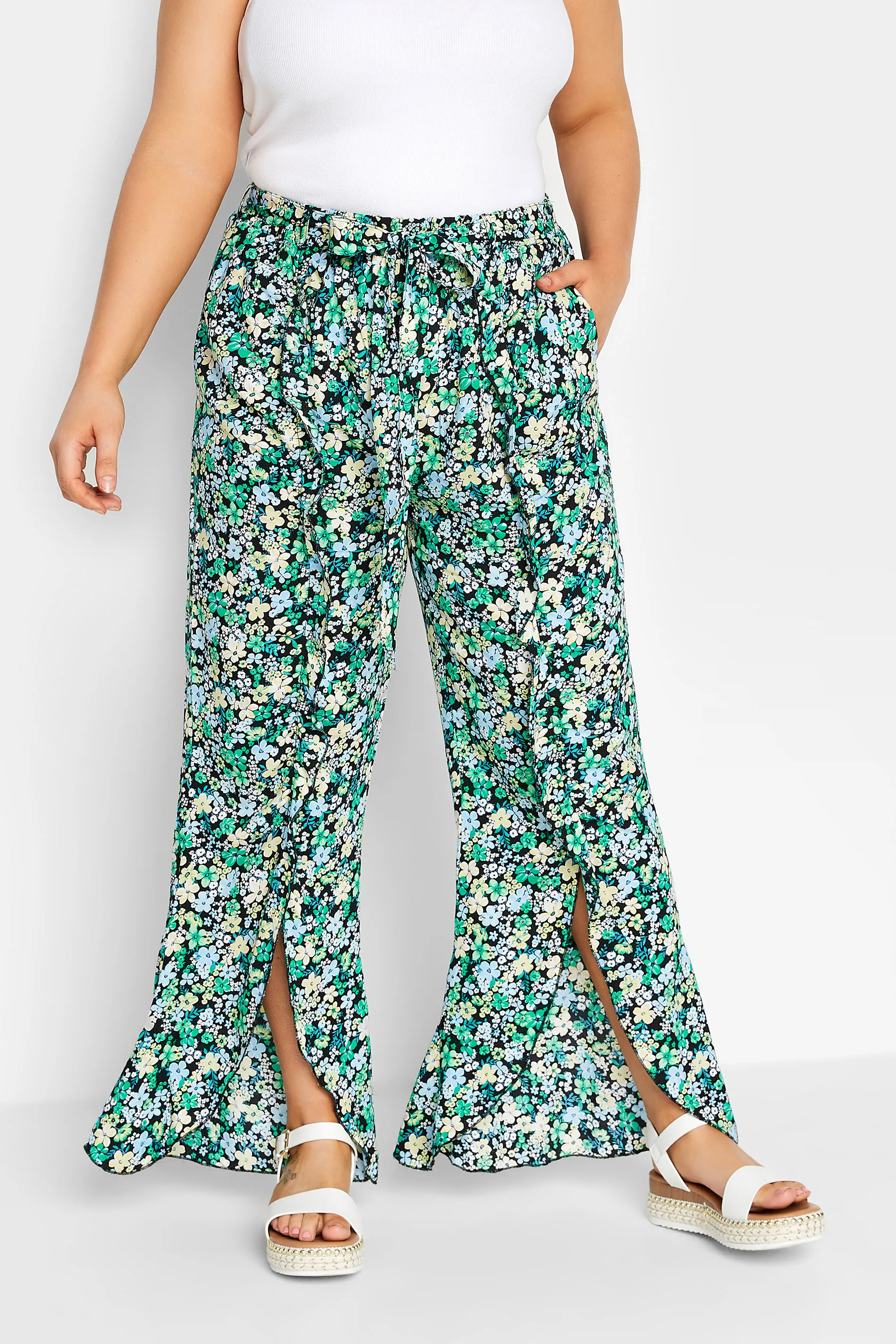 YOURS Curve Wide Leg Trousers - Green Floral Print + Frill Option