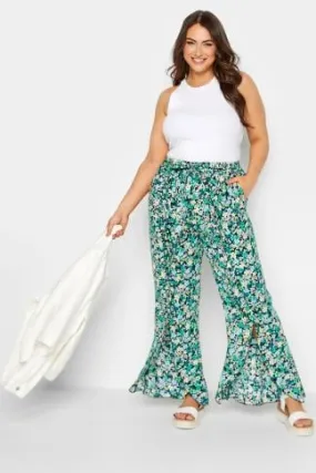 YOURS Curve Wide Leg Trousers - Green Floral Print + Frill Option