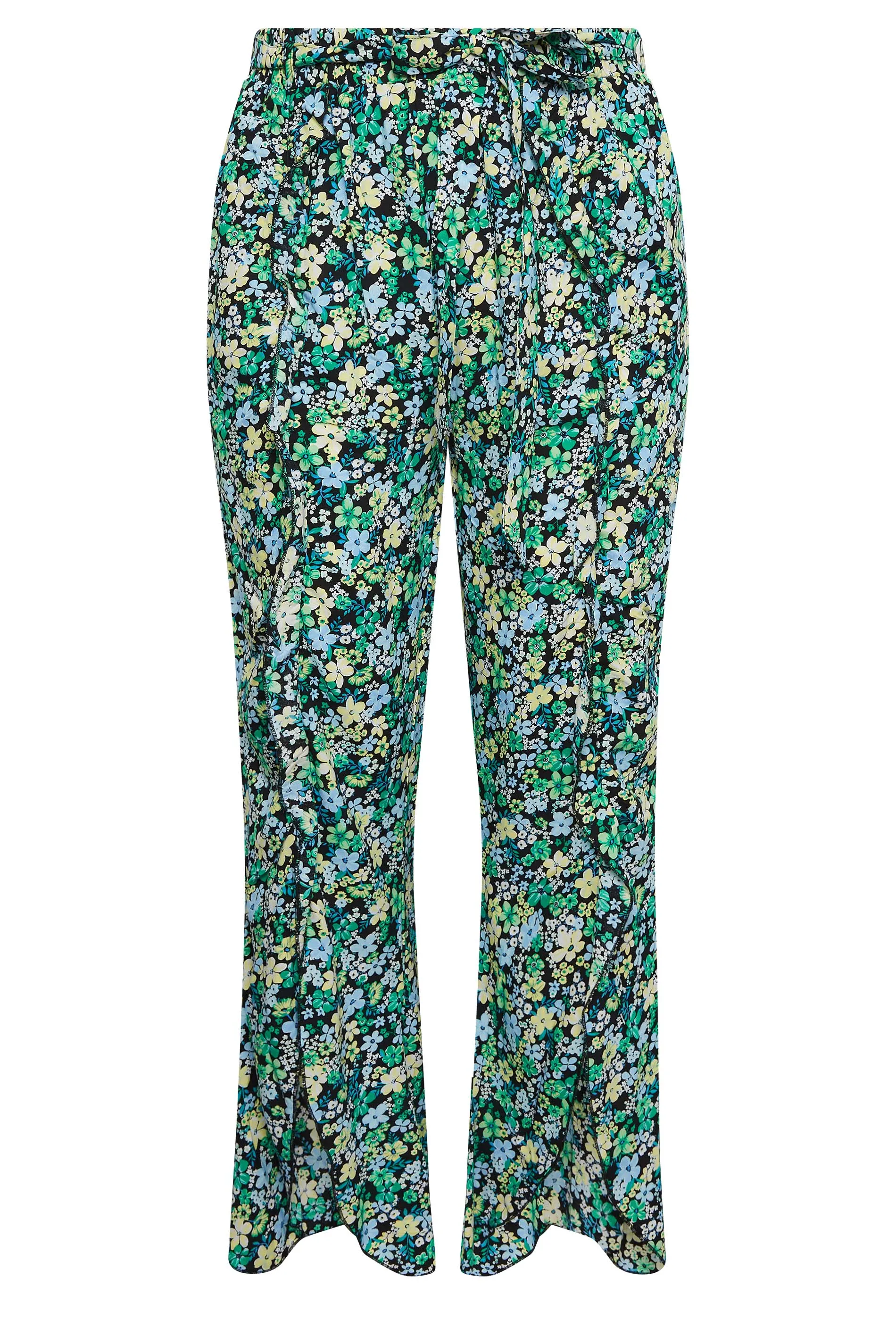 YOURS Curve Wide Leg Trousers - Green Floral Print + Frill Option