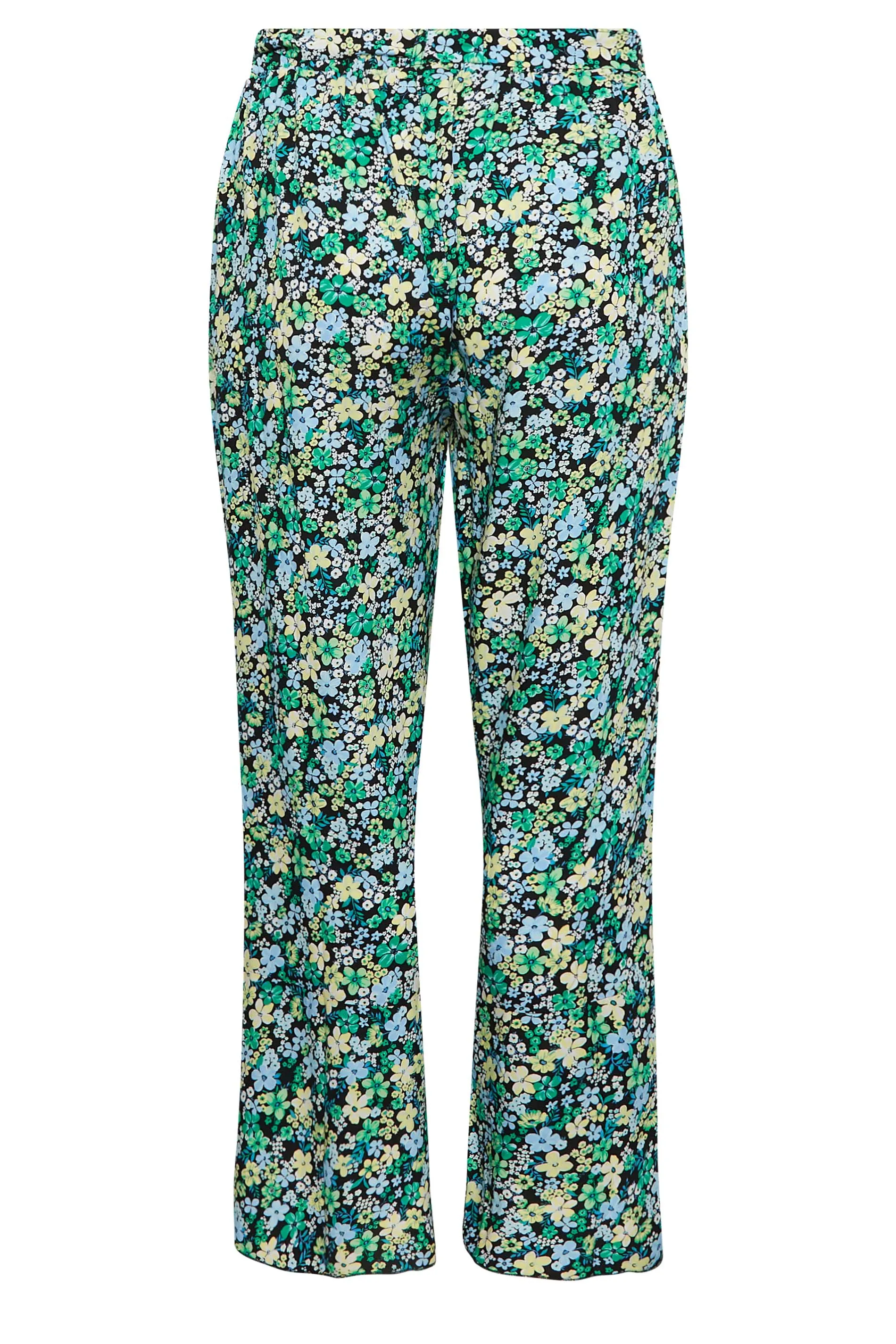 YOURS Curve Wide Leg Trousers - Green Floral Print + Frill Option