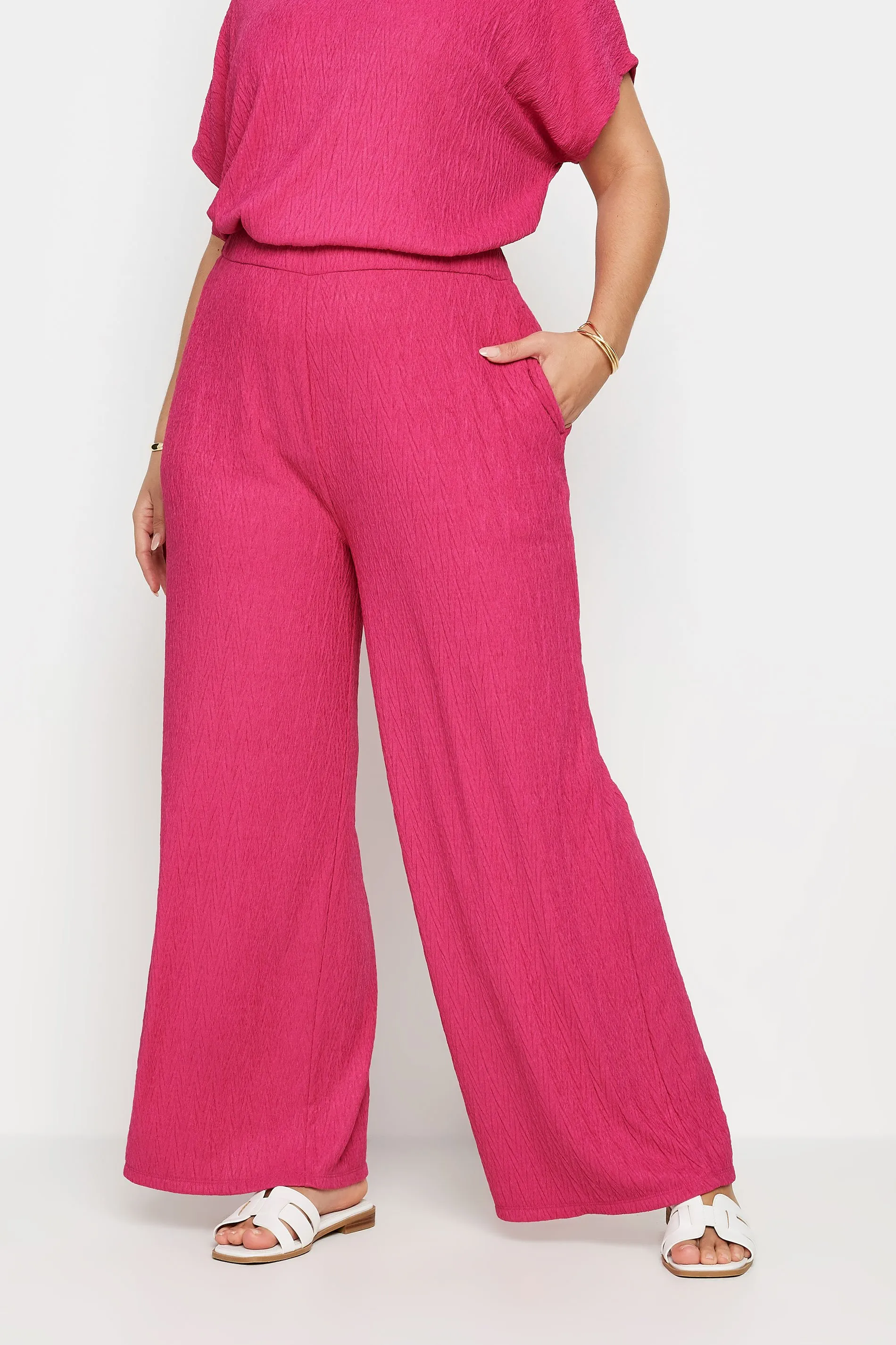 YOURS Pink Crinkle Plisse Wide Leg Trousers Curve - Buy Now