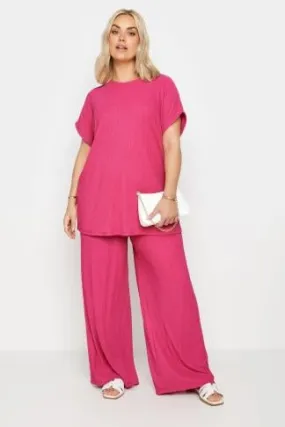 YOURS Pink Crinkle Plisse Wide Leg Trousers Curve - Buy Now