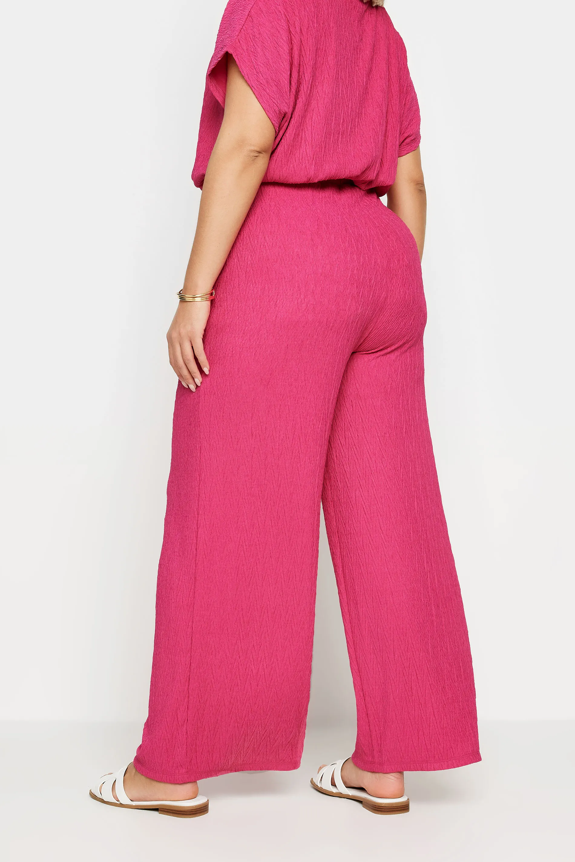 YOURS Pink Crinkle Plisse Wide Leg Trousers Curve - Buy Now